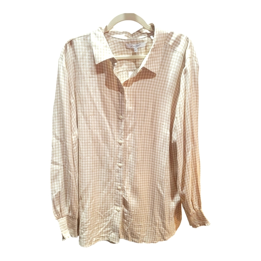 Foxcroft Beige And Ivory Glitter Striped Long Sleeve Blouse Shirt